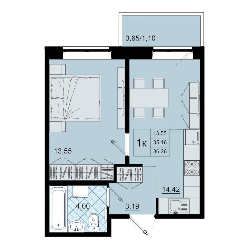 1-комнатная квартира, 36.3 м² в ЖК "Северный меридиан" - планировка, фото №1