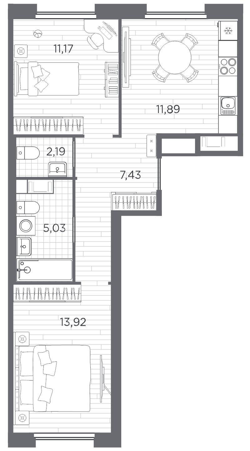 2-комнатная квартира, 51.63 м² в ЖК "PLUS Пулковский" - планировка, фото №1