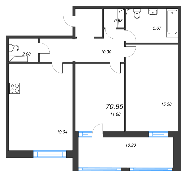 3-комнатная (Евро) квартира, 71.1 м² в ЖК "Cube" - планировка, фото №1