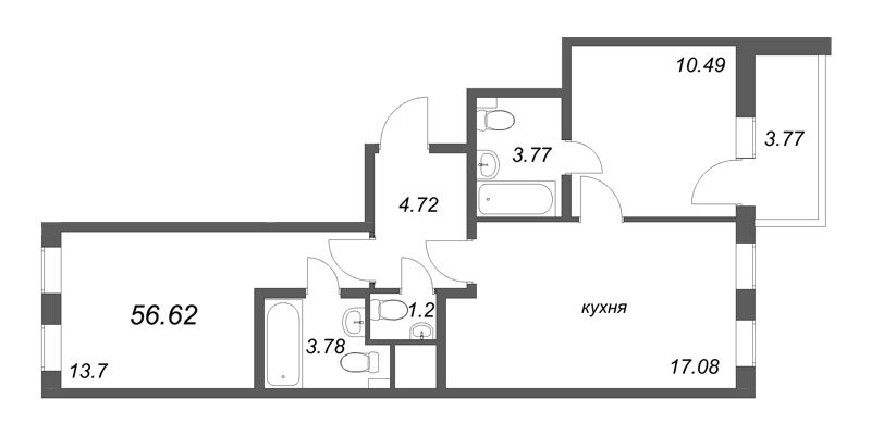 3-комнатная (Евро) квартира, 56.62 м² - планировка, фото №1
