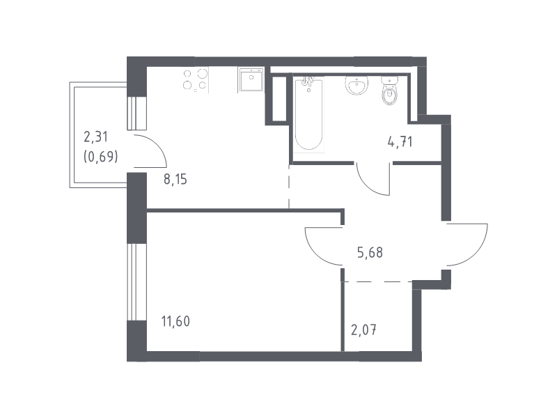 1-комнатная квартира, 32.9 м² в ЖК "Квартал Лаголово" - планировка, фото №1