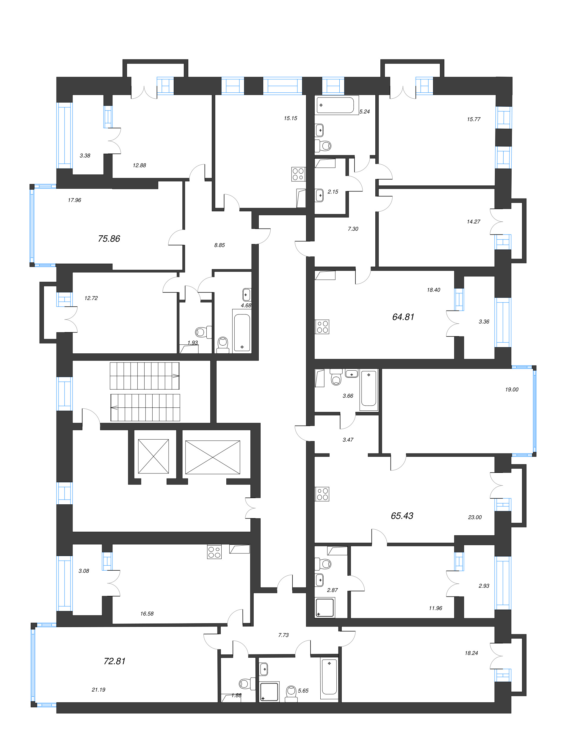 3-комнатная (Евро) квартира, 76.4 м² в ЖК "Наука" - планировка этажа