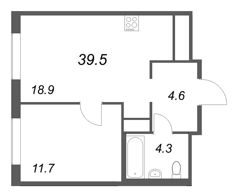 2-комнатная (Евро) квартира, 39.5 м² в ЖК "Передвижники" - планировка, фото №1
