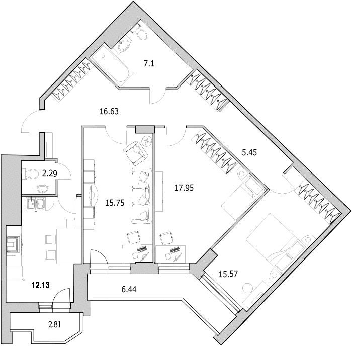 3-комнатная квартира, 103.2 м² в ЖК "Байрон" - планировка, фото №1