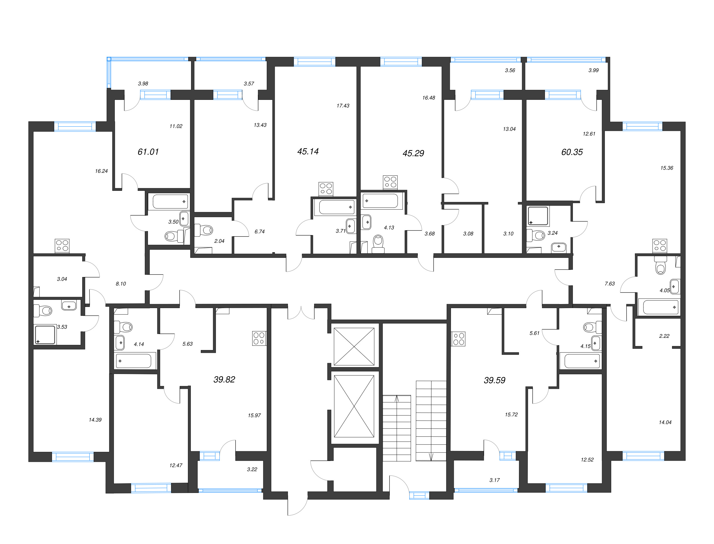 2-комнатная (Евро) квартира, 45.14 м² в ЖК "Энфилд" - планировка этажа