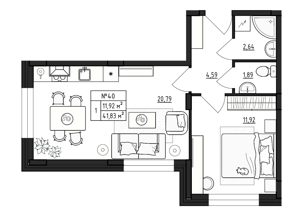 2-комнатная (Евро) квартира, 41.83 м² - планировка, фото №1