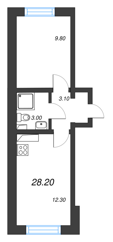 1-комнатная квартира, 28.2 м² - планировка, фото №1