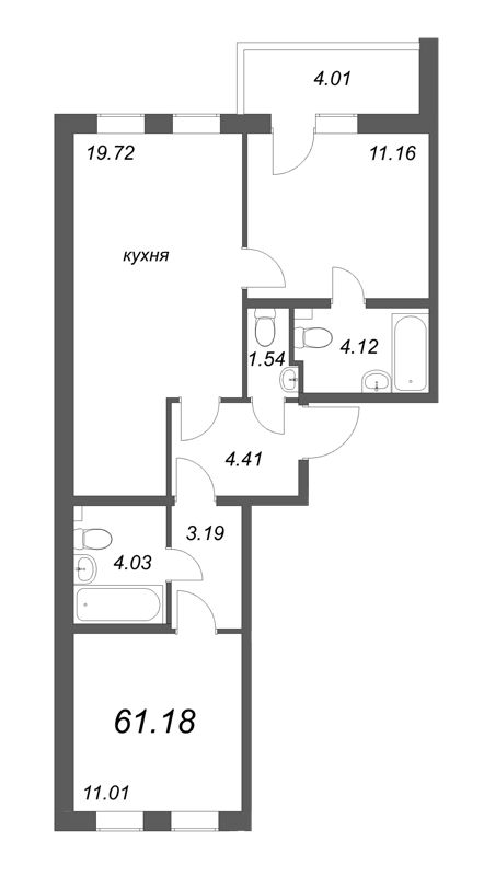 3-комнатная (Евро) квартира, 61.18 м² - планировка, фото №1