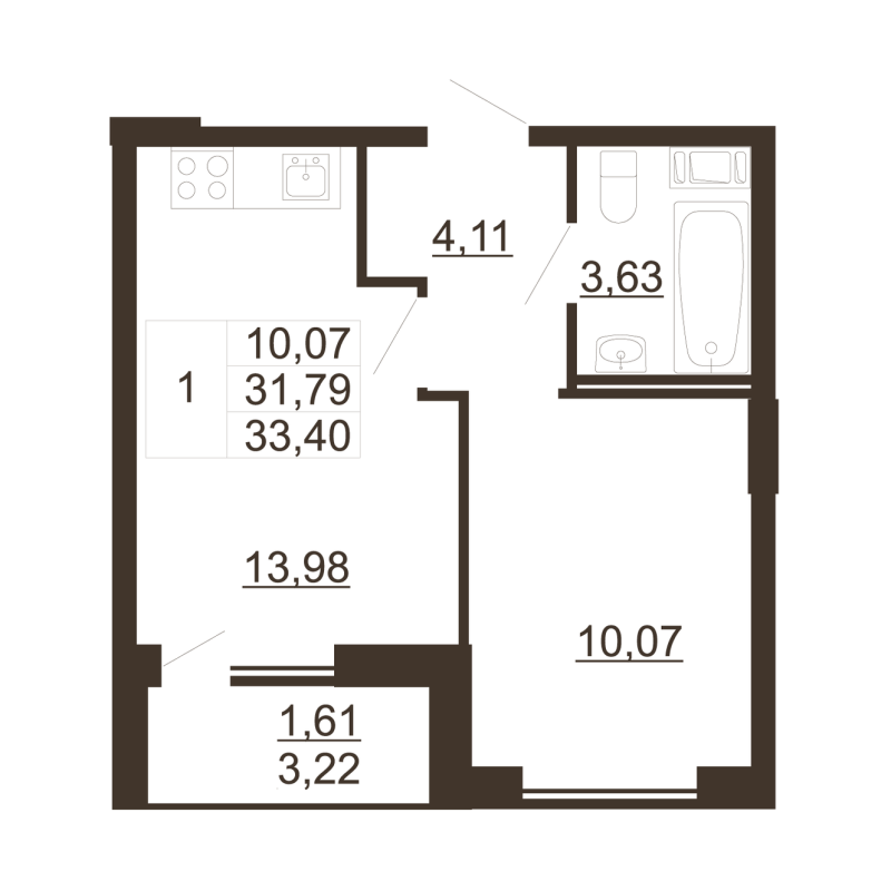 1-комнатная квартира, 33.4 м² - планировка, фото №1