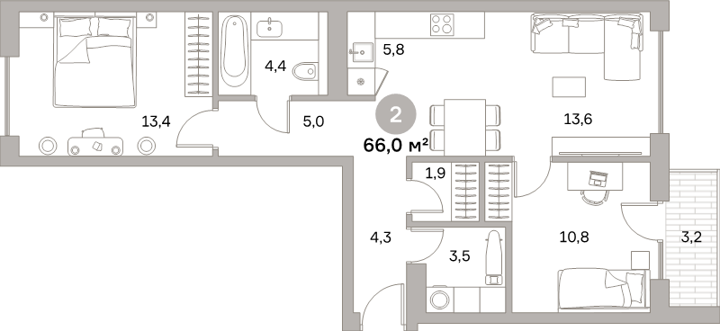 3-комнатная (Евро) квартира, 66 м² в ЖК "Северный ветер" - планировка, фото №1