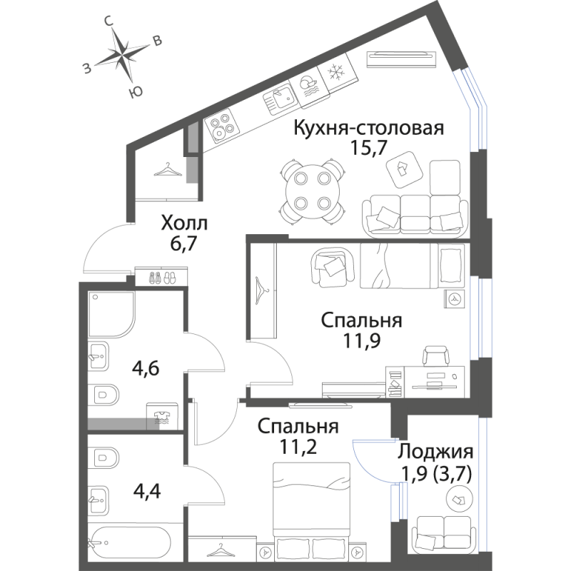3-комнатная (Евро) квартира, 56.4 м² в ЖК "Экография" - планировка, фото №1