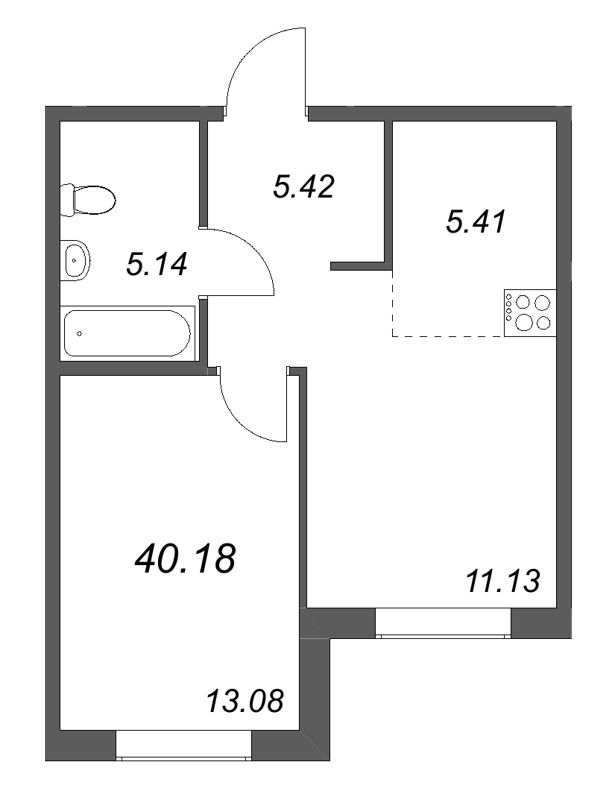 2-комнатная (Евро) квартира, 40.18 м² в ЖК "Тишин" - планировка, фото №1
