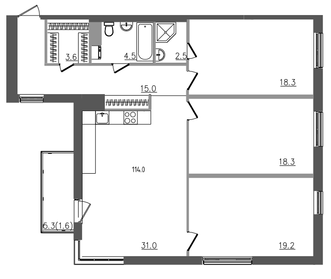 4-комнатная (Евро) квартира, 114 м² в ЖК "Upoint" - планировка, фото №1