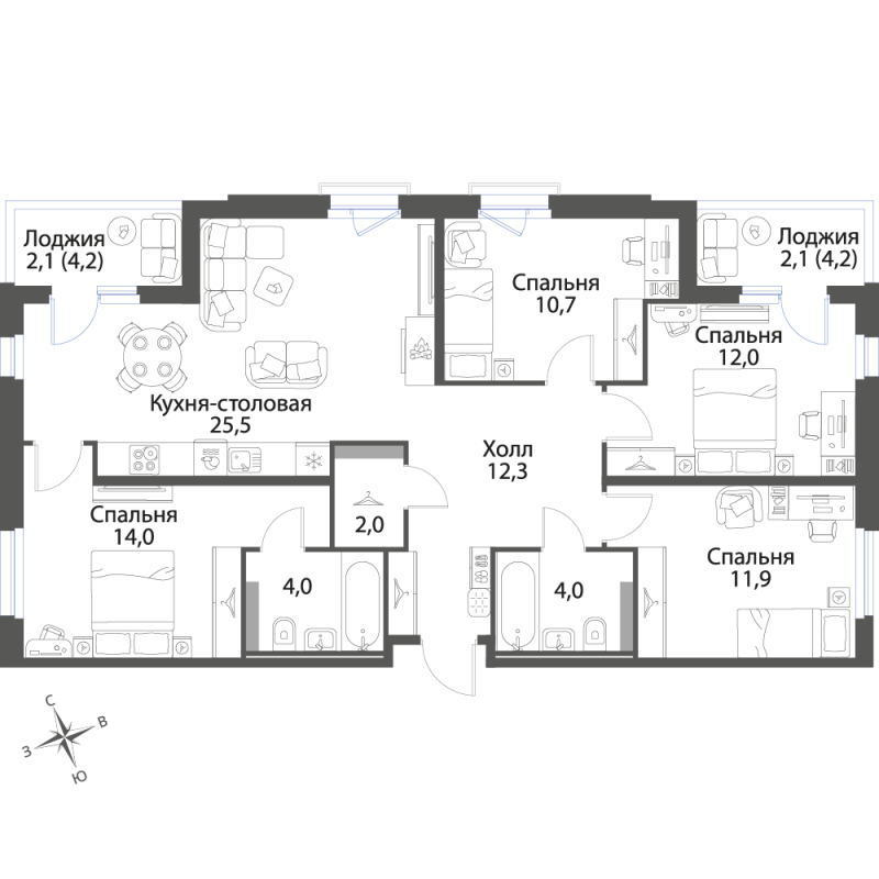 5-комнатная (Евро) квартира, 100.6 м² в ЖК "Экография" - планировка, фото №1