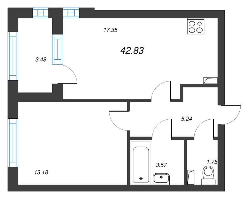 2-комнатная (Евро) квартира, 42.83 м² в ЖК "Кронфорт. Центральный" - планировка, фото №1