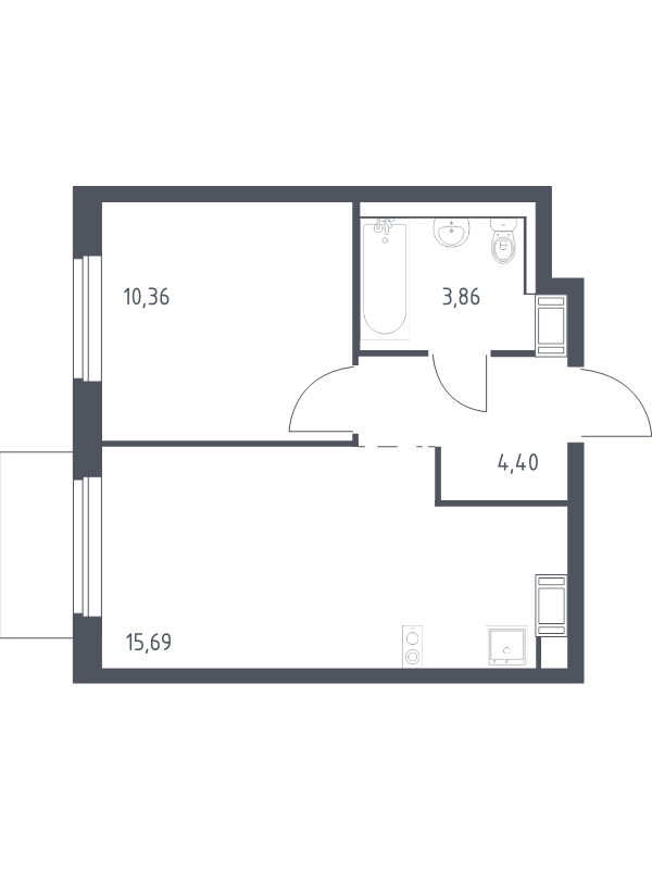 2-комнатная (Евро) квартира, 34.31 м² - планировка, фото №1