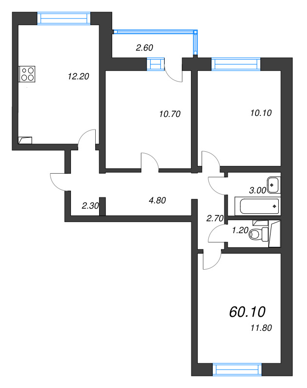 3-комнатная квартира, 60.1 м² - планировка, фото №1