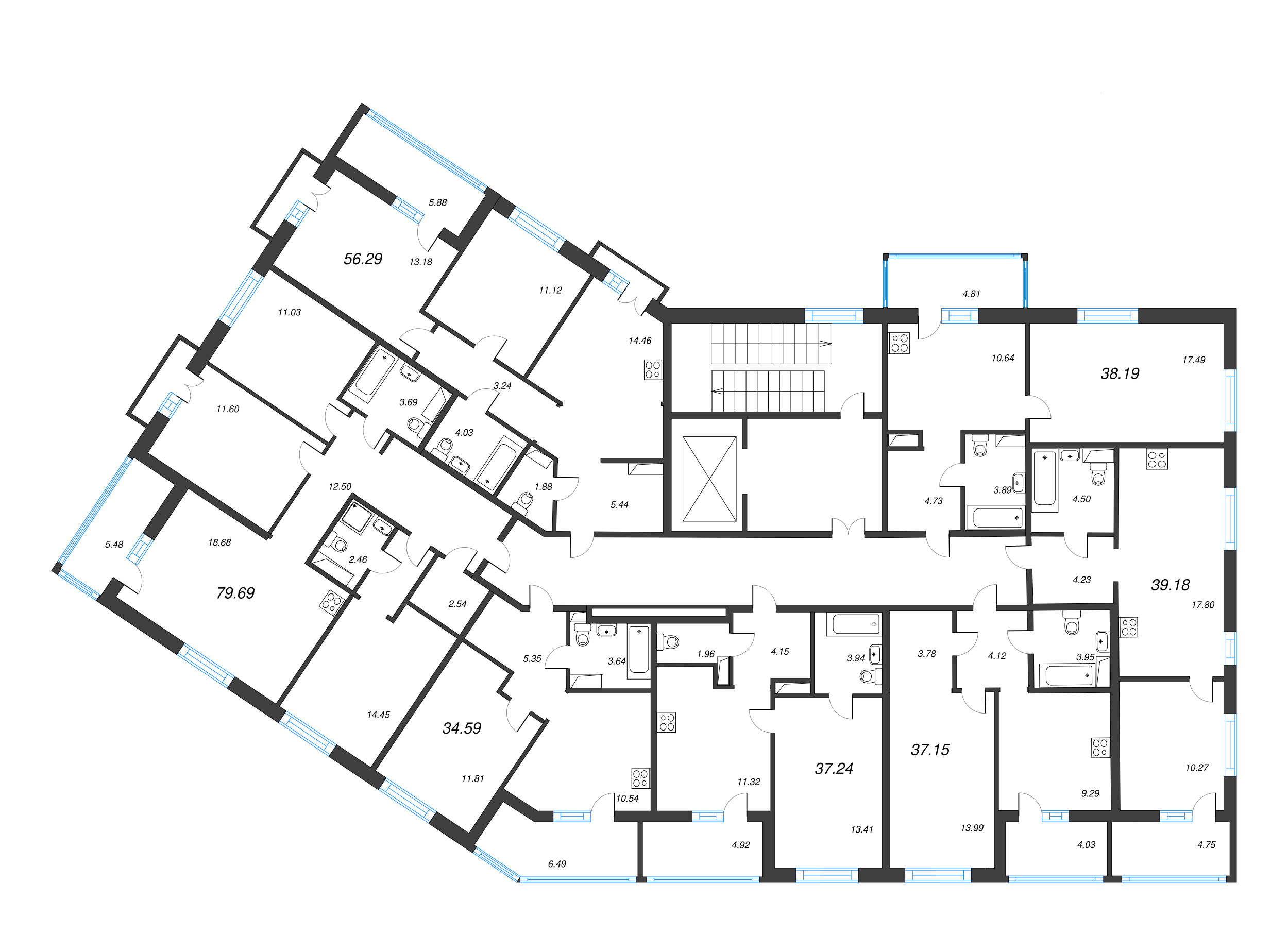 2-комнатная (Евро) квартира, 41.55 м² - планировка этажа