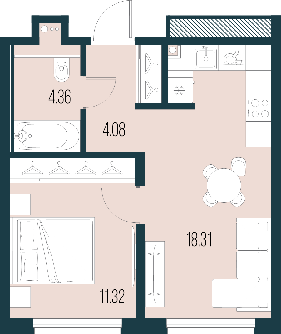 2-комнатная (Евро) квартира, 38.07 м² в ЖК "Новая Земля" - планировка, фото №1