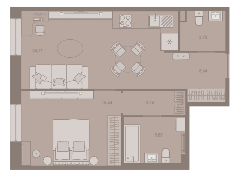 2-комнатная (Евро) квартира, 57.99 м² - планировка, фото №1