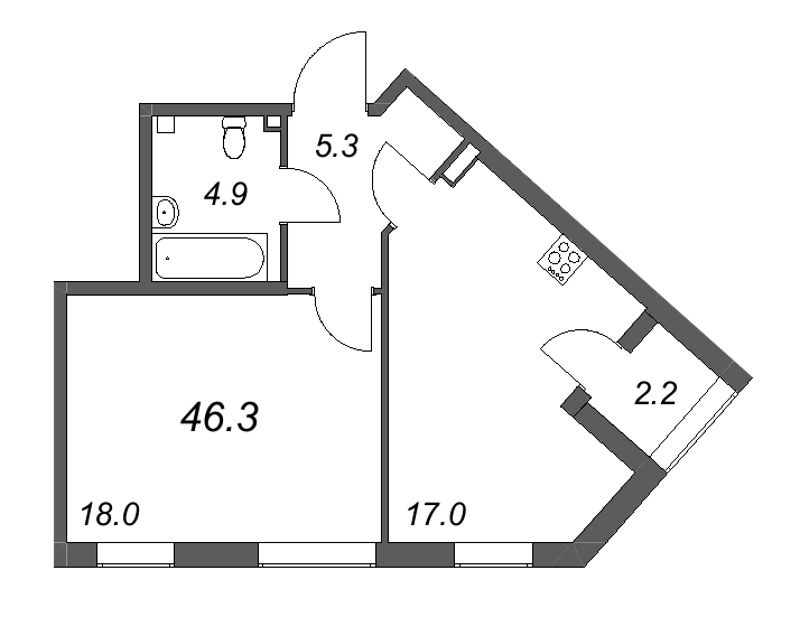 2-комнатная (Евро) квартира, 46.3 м² в ЖК "Пулковский дом" - планировка, фото №1