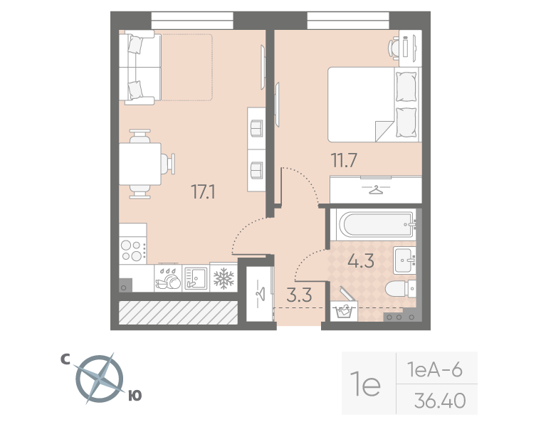 1-комнатная квартира, 36.4 м² в ЖК "Пулково Lake" - планировка, фото №1