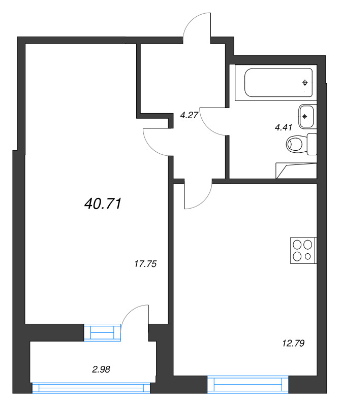 1-комнатная квартира, 40.71 м² в ЖК "Аквилон Leaves" - планировка, фото №1