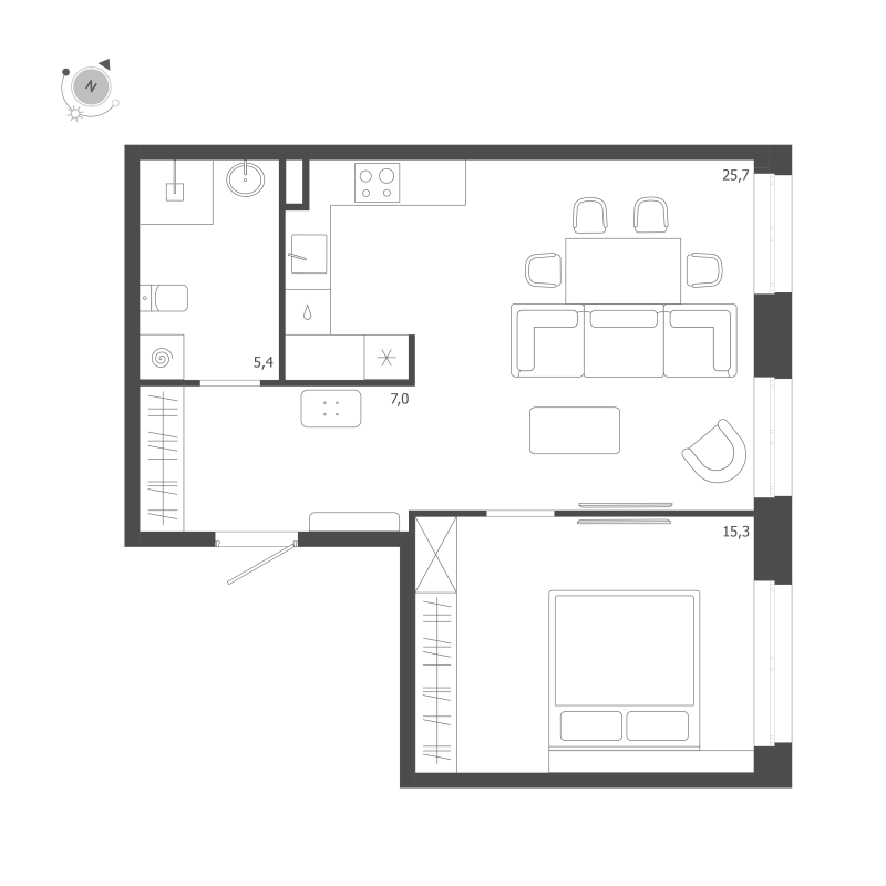 2-комнатная (Евро) квартира, 53.4 м² в ЖК "ЛДМ" - планировка, фото №1