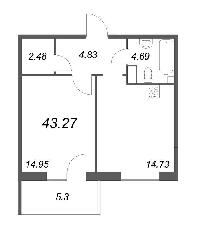 1-комнатная квартира, 43.47 м² - планировка, фото №1