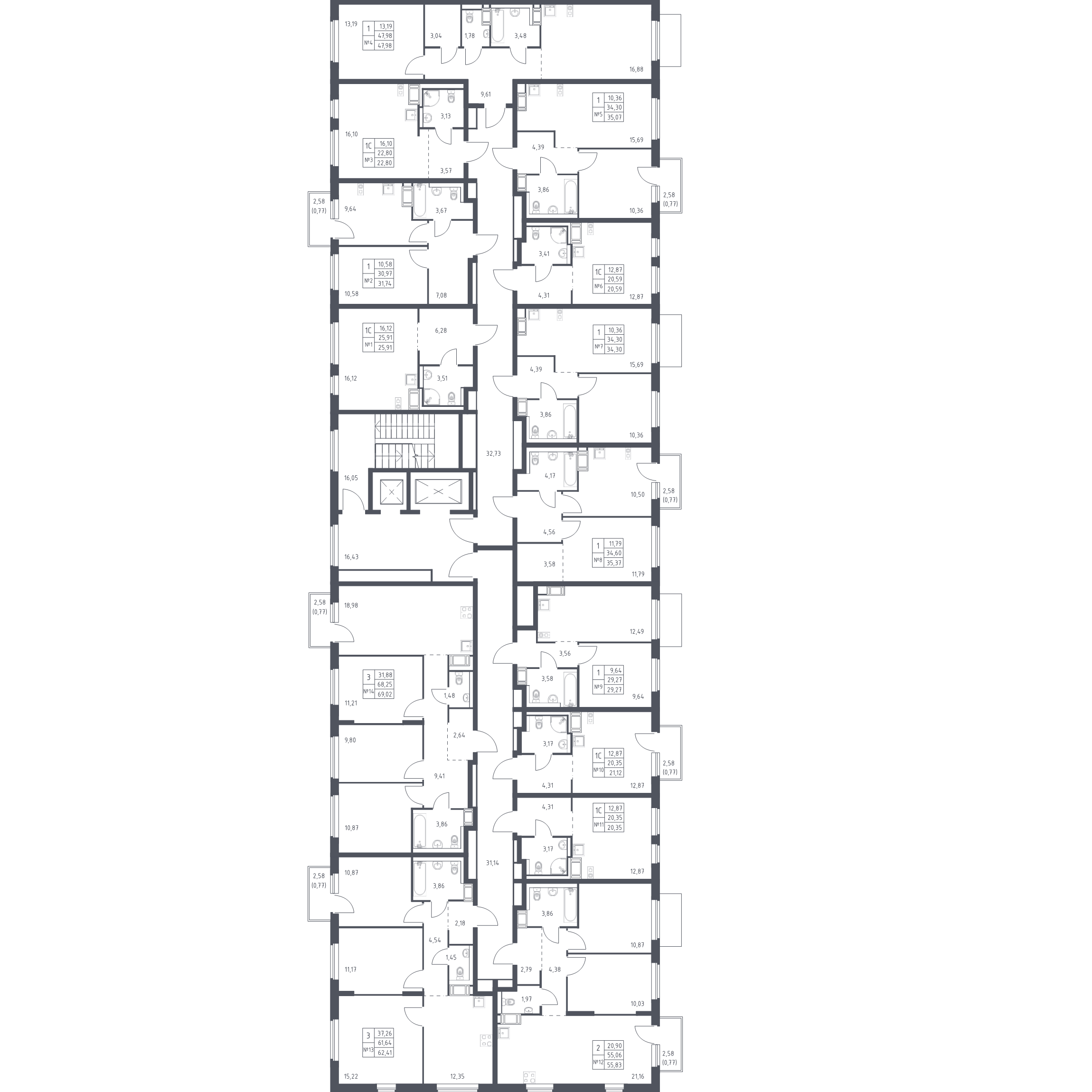 3-комнатная квартира, 62.41 м² - планировка этажа