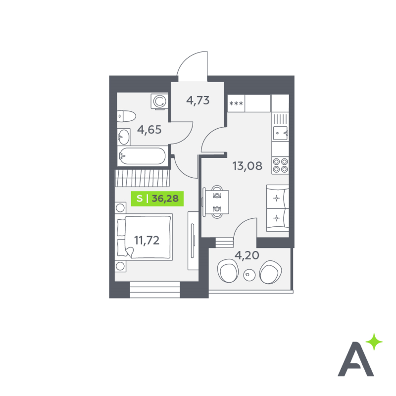 1-комнатная квартира, 36.28 м² в ЖК "Аквилон Verba" - планировка, фото №1