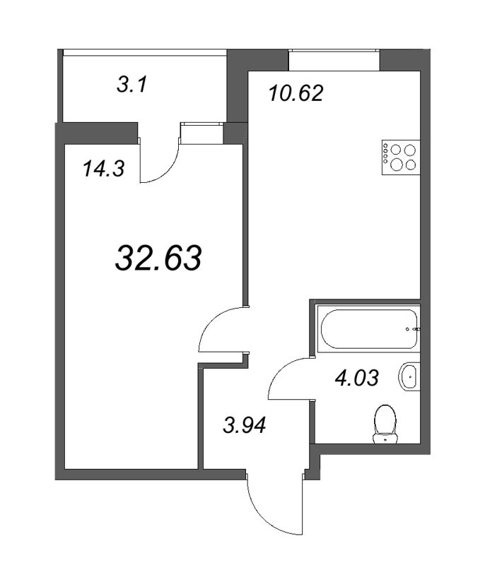 1-комнатная квартира, 32.63 м² - планировка, фото №1