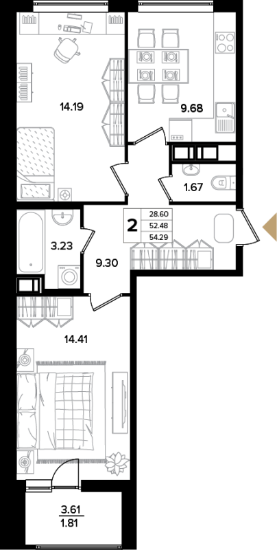 2-комнатная квартира, 53.4 м² - планировка, фото №1