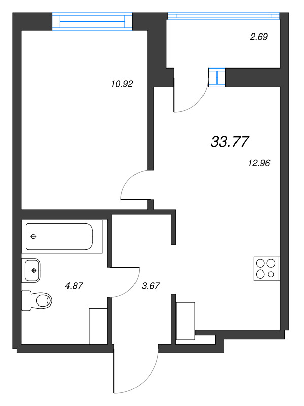 1-комнатная квартира, 33.77 м² - планировка, фото №1