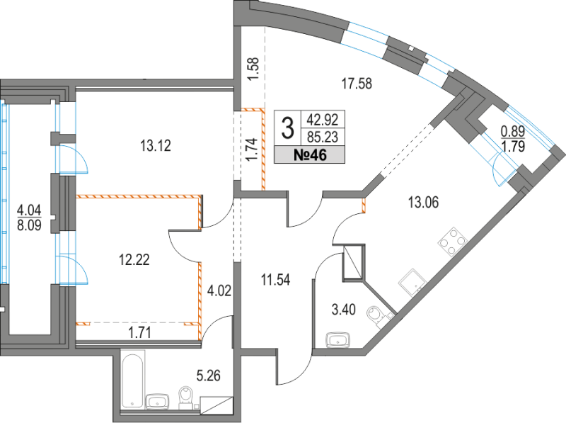 3-комнатная квартира, 85.23 м² - планировка, фото №1