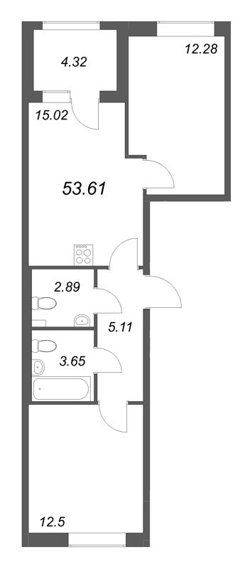 3-комнатная (Евро) квартира, 53.61 м² в ЖК "Гранат" - планировка, фото №1