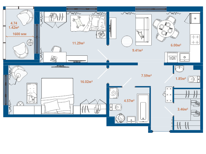 2-комнатная квартира, 61.61 м² в ЖК "ЛесArt" - планировка, фото №1