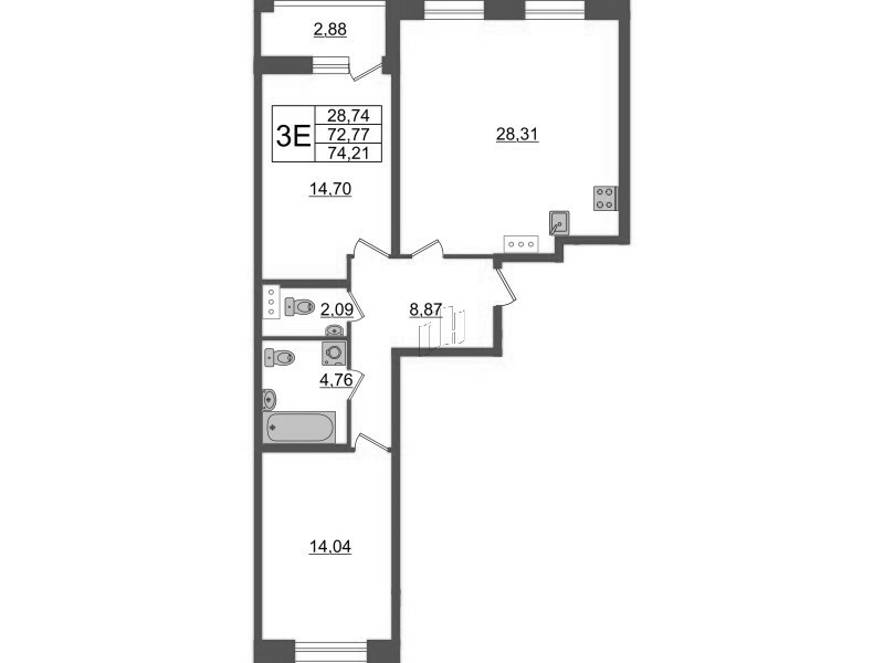 3-комнатная (Евро) квартира, 74.21 м² - планировка, фото №1