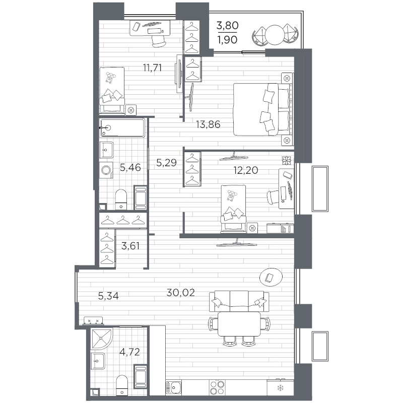 4-комнатная (Евро) квартира, 94.11 м² в ЖК "Respect" - планировка, фото №1