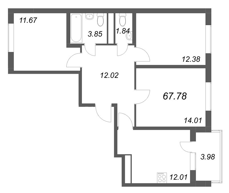 3-комнатная квартира, 67.78 м² в ЖК "ЮгТаун" - планировка, фото №1