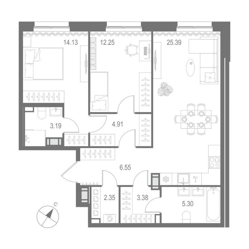 3-комнатная (Евро) квартира, 77.45 м² в ЖК "Остров Первых" - планировка, фото №1