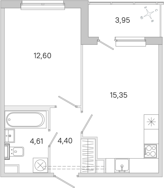 2-комнатная (Евро) квартира, 36.96 м² в ЖК "ЮгТаун" - планировка, фото №1