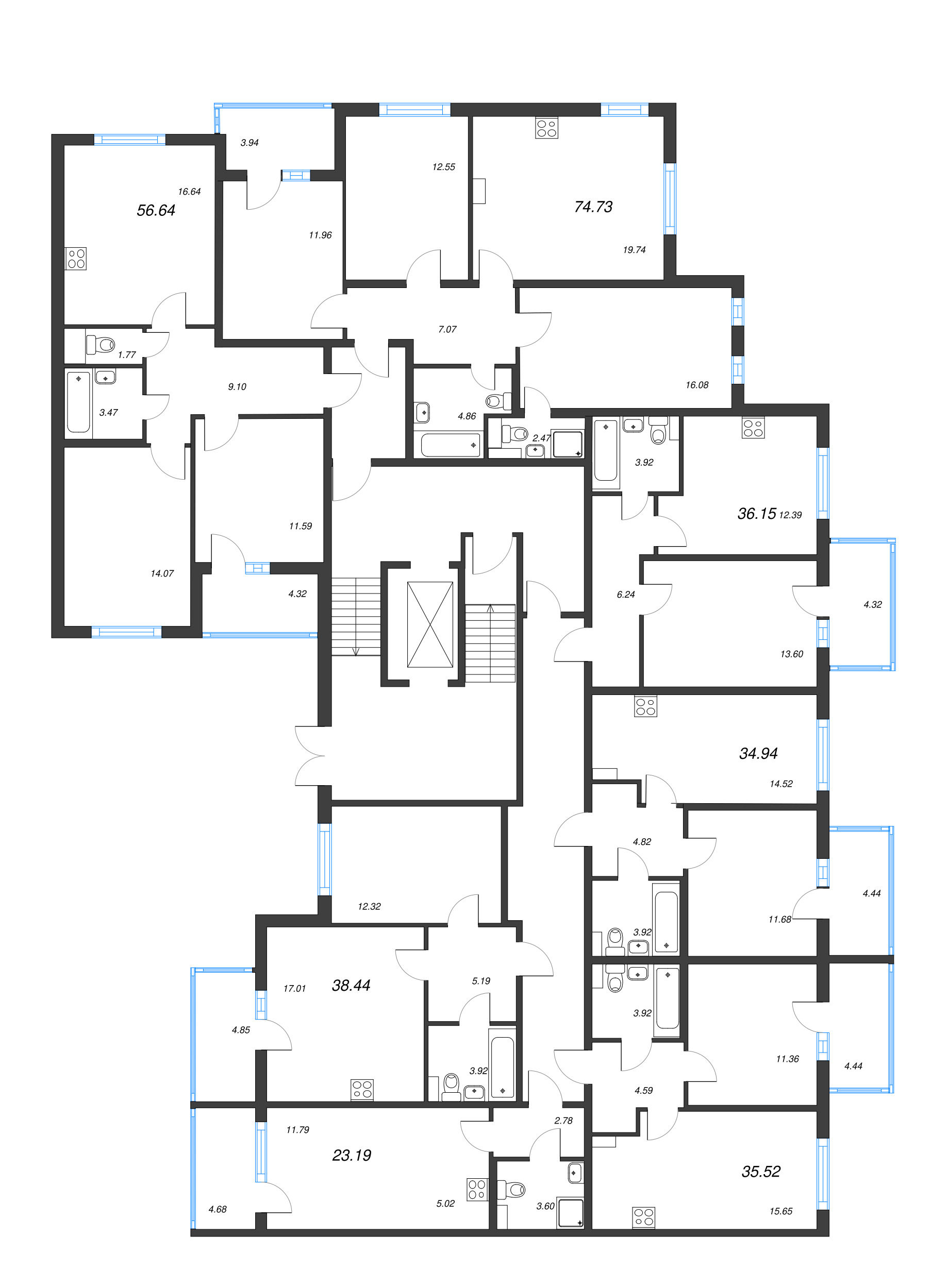 2-комнатная (Евро) квартира, 35.52 м² - планировка этажа