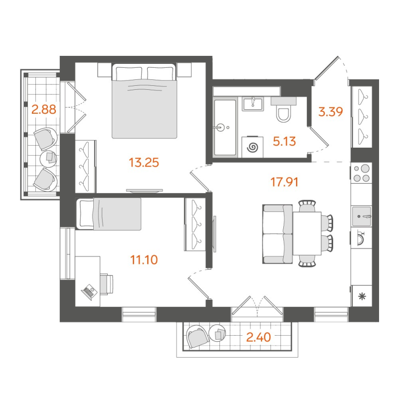 3-комнатная (Евро) квартира, 52.4 м² в ЖК "STAVNI Обводный" - планировка, фото №1