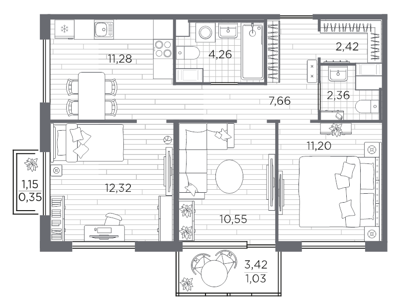 3-комнатная квартира, 63.42 м² - планировка, фото №1