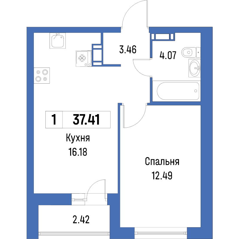 2-комнатная (Евро) квартира, 37.41 м² в ЖК "Урбанист" - планировка, фото №1