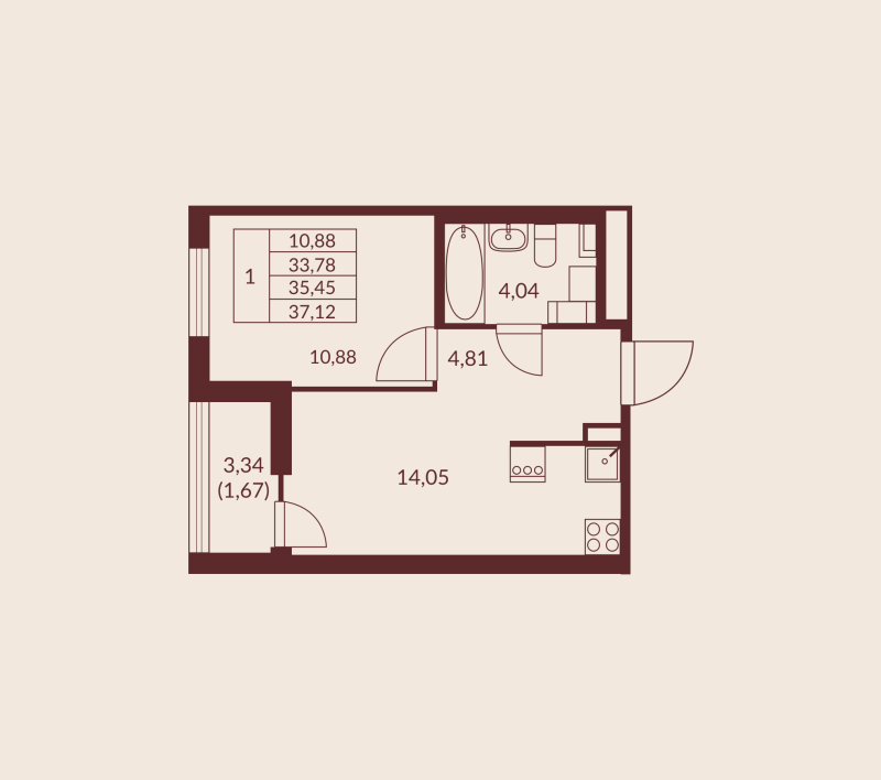 1-комнатная квартира, 35.45 м² в ЖК "Амурино" - планировка, фото №1