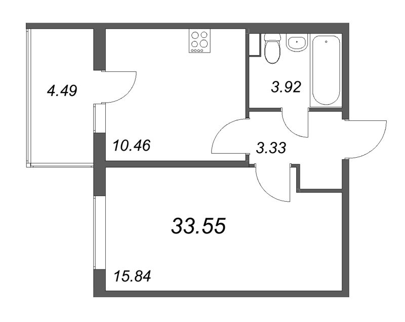 1-комнатная квартира, 33.55 м² в ЖК "Любоград" - планировка, фото №1