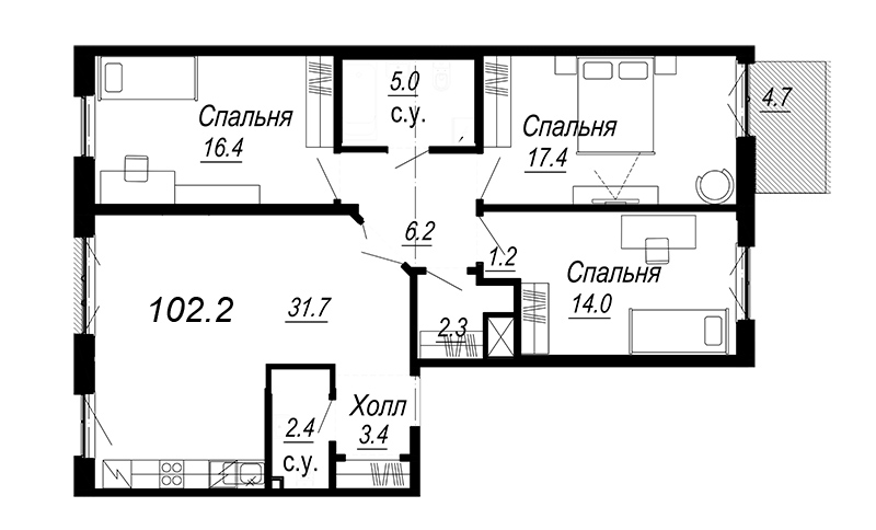 3-комнатная квартира, 107.12 м² - планировка, фото №1