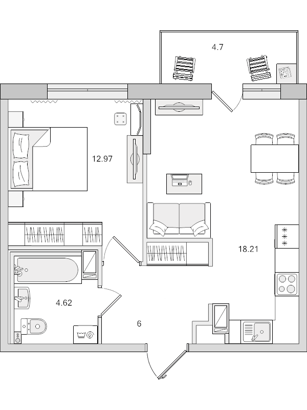 2-комнатная (Евро) квартира, 41.8 м² в ЖК "Чёрная речка" - планировка, фото №1